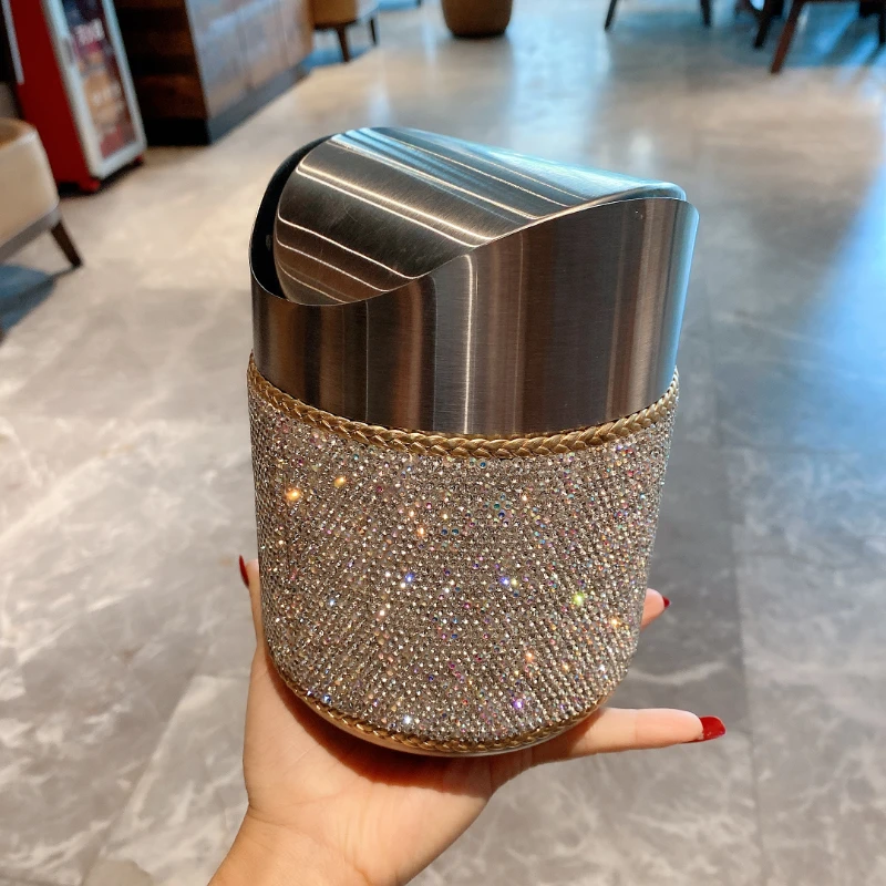

Diamond-studded Desktop Trash Can Mini Shake Lid Car Stainless Steel Office Bedroom Table Household Storage Bucket with Lid