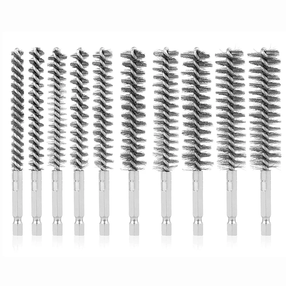 

10Pcs Stainless Steel Bore Brush in Different Sizes 1/4Inch Hex Shank Wire Brush Attachment for Drill Set