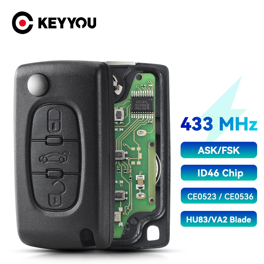 Ключ дистанционного управления KEYYOU CE0523/CE0536 для Peugeot 207 208 307 308 407 408 433 МГц ID46 - PCF7941