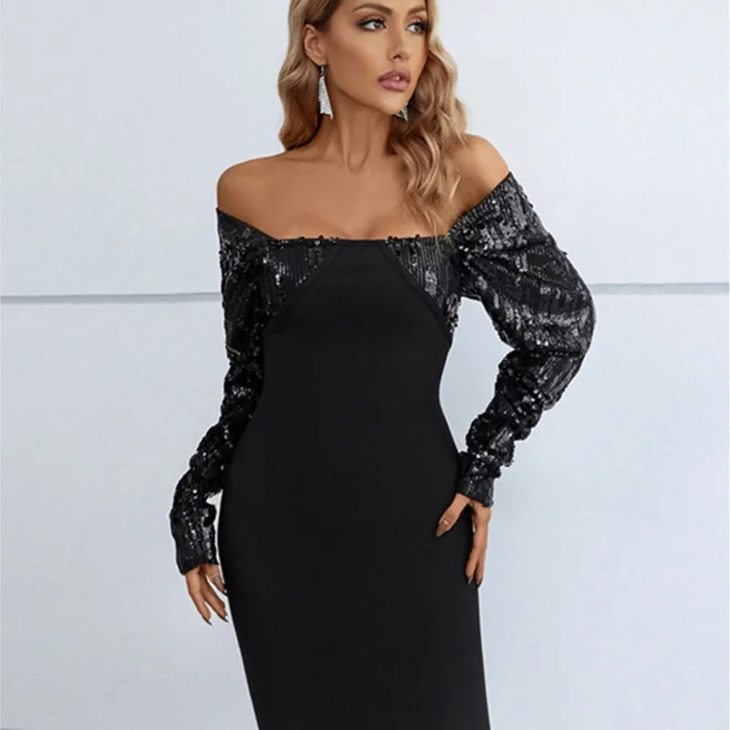 2022 New Fashion High Quality Black Long Sleeve Stranded Sequins Bodycon Bandage Mini Dress  Celebrity Club Party Dress Vestidos