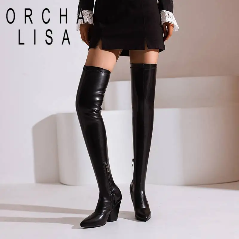 

ORCHA LISA Thigh Boots 60cm Shaft For Woman Pointed Toe Block Heel 9.5cm Zipper Stretchy Booties Solid Sexy Party Big Size 47 48