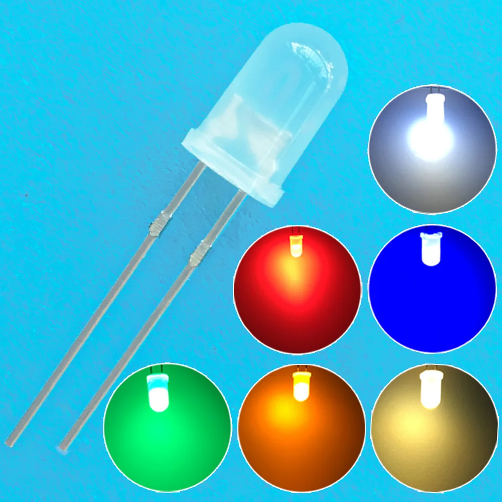 

1000pcs 5mm Round Diffused White Red Green Blue Yellow Warm White Lightemitting Diode 2pin LED 6000~6500K Bulb Light Diodes Lamp