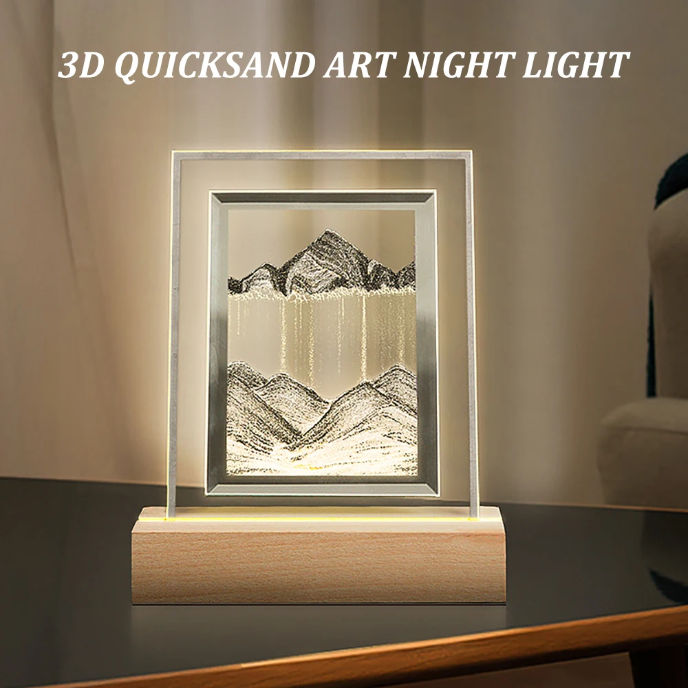 3D Mobile Sand Art Night Light Creative Hourglass Ornament USB Power Supply Desk Living Room Bedroom Bedside Table Decor Light