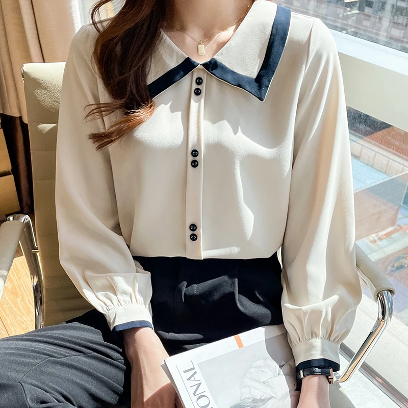 

White Chiffon Shirt Women's 2022 Spring New Top Doll Collar Long Sleeve Western Style Bottoming Shirt