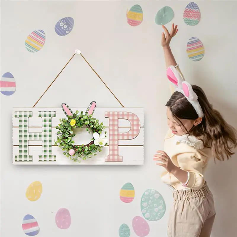 

New Wooden Simulation Bunny Colorful Egg Plant Garland Listing Creative Easter Family Party Atmosphere Decoration Wall Pendant
