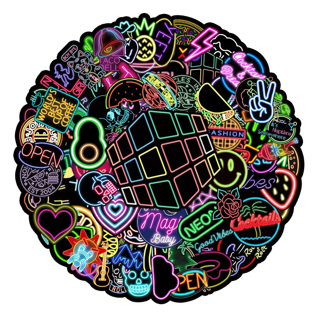 

10/30/50PCS Cartoon Neon Light Personality Creative Sticker Desk Refrigerator Computer Skateboard Waterproof Sticker Wholesale