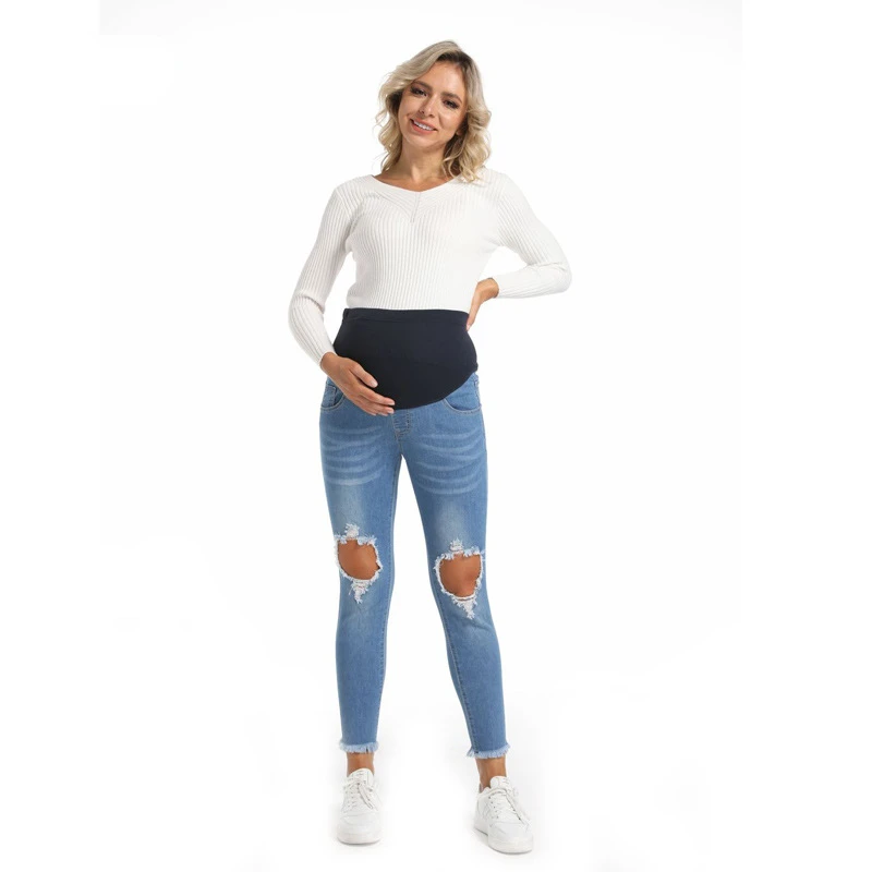 Pregnant Women's Jeans New Style Trousers with Broken Edges Thin Multi Size Slim Long Pants