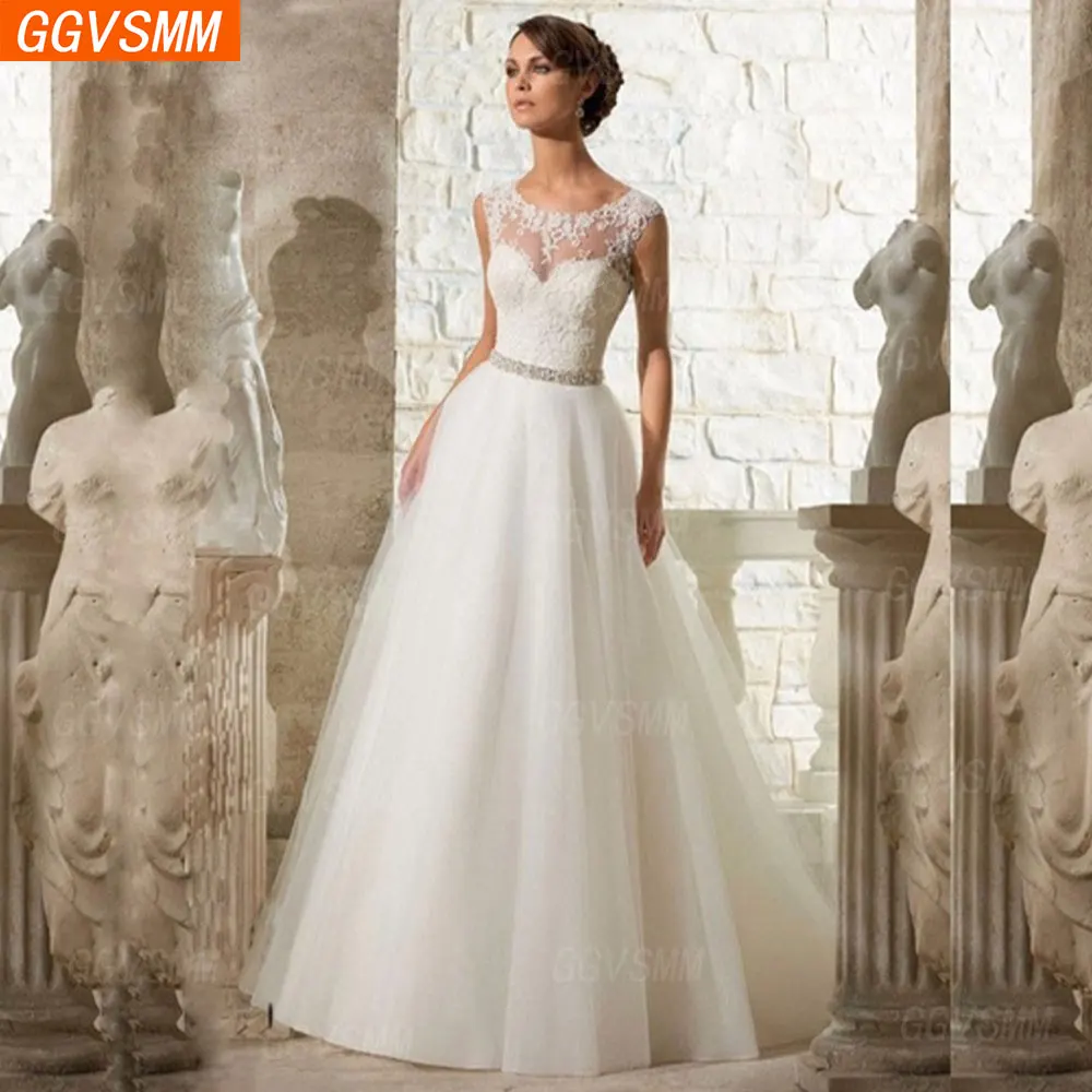 

Simple Fashion Style Bridal Wedding Tulle Perspective Sexy Open Back Lace Applique Beads Straight Neck Trailing Vesidos De Novia