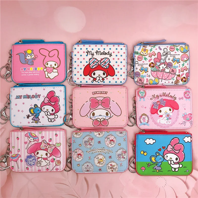 

Kawaii Sanrio Cartoon Bag Cinnamoroll Melody Pochacco Pom Pom Purin Kuromi Leather Card Holder Cute Coin Purse Keychain Pendant