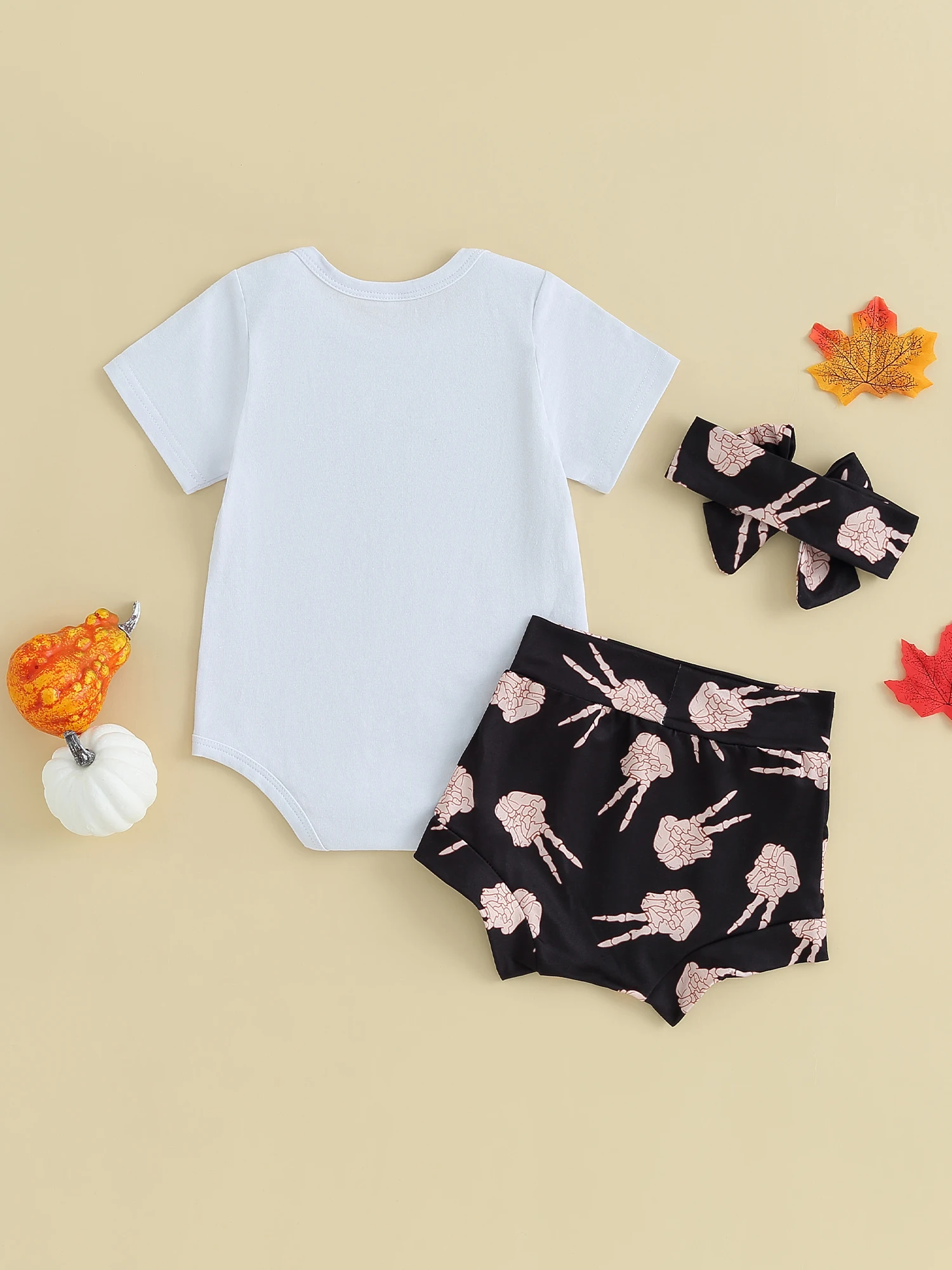 

Cute Halloween-themed Baby Girl Romper Set with Spooky Vibes Boo Crew Design Skull Skeleton Hand Bloomers and Headband for
