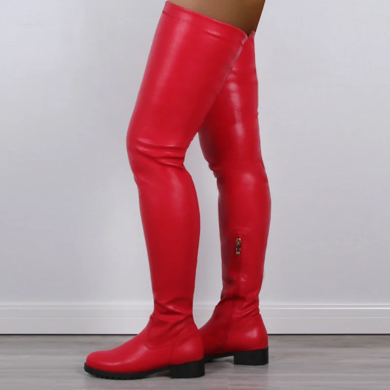 2022 Low Heels Black Thigh High Boots Women Autumn Winter Pu Leather Over The Knee Boots Stretch Long Boots Casual Female Shoes