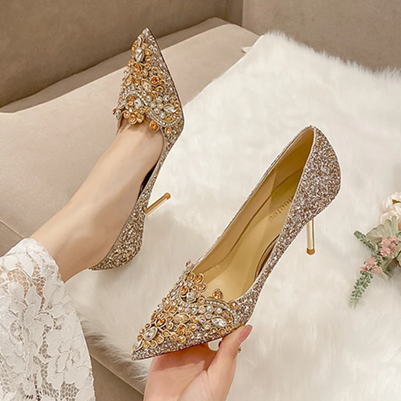 

Largesize Luxury Crystals Wedding Bridal Shoes for Women Glitter Sequins Stiletto Heel Pumps Woman Pointed Toe High Heels Shoes