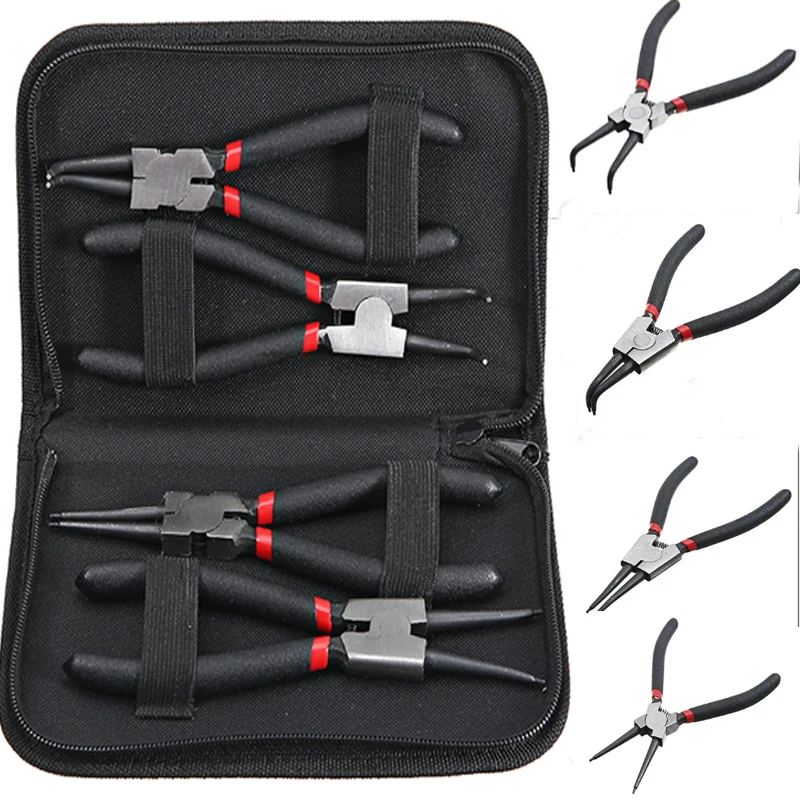 

4PCS 7 Inch Long Nose Pliers Set Bent Pliers Internal External Bent Pliers Retaining Snap Ring Remover Tool Circlip Pliers