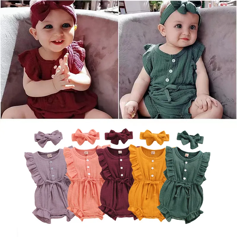 Summer Bodysuits Baby Girls Romper + Headband 2pcs Set Cotton Ruffles Sleeveless Infant Rompers Onesie Newborn Clothes Fashion