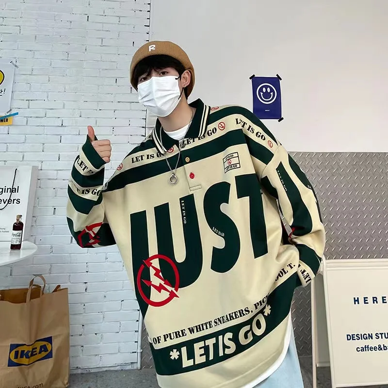 

American Retro Coats Polo Bottomed Shirt Men's Fashion Hoodies Streetwear Hip Hop Sweatshirts Printing Loose Casual Pullover