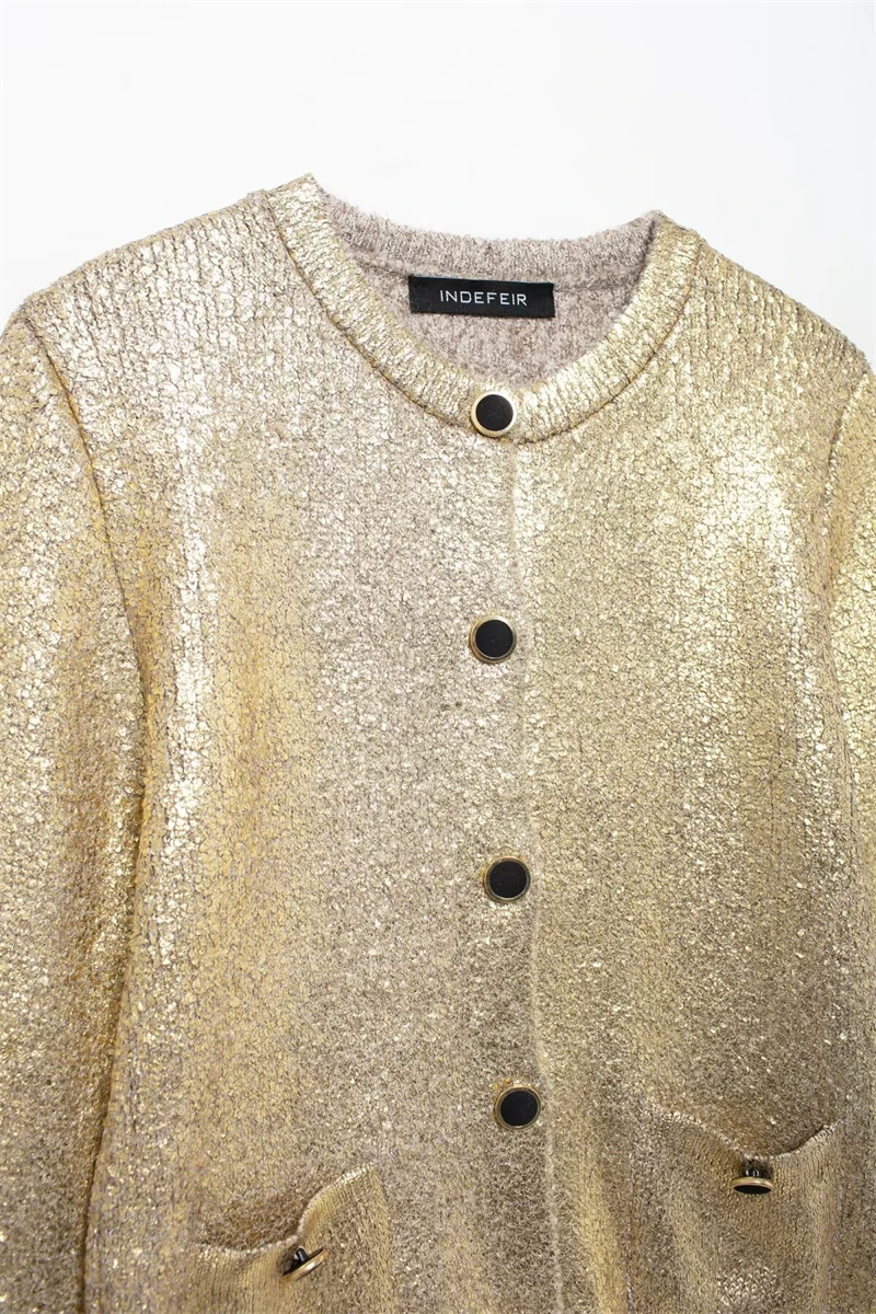 Женские топы TRAF новинка 2024 модная трикотажная куртка с текстурой металлической