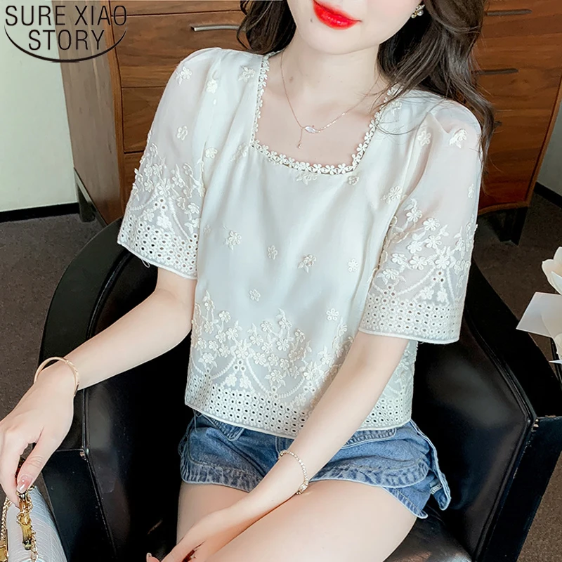 

2023 Summer Korean Chic Vintgae Short Sleeve Shirt Embroidered Hollow Blouse Women Shirt Tops Square Collar Clothes Blusas 21533