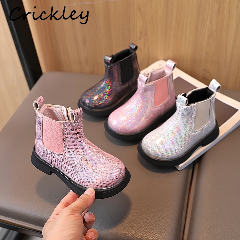 

New Bling Solid Baby Girls Fashion Boots Spring Autumn Zip Kids Chelsea Boots PU Soft Anti Slip Toddler Children Ankle Shoes