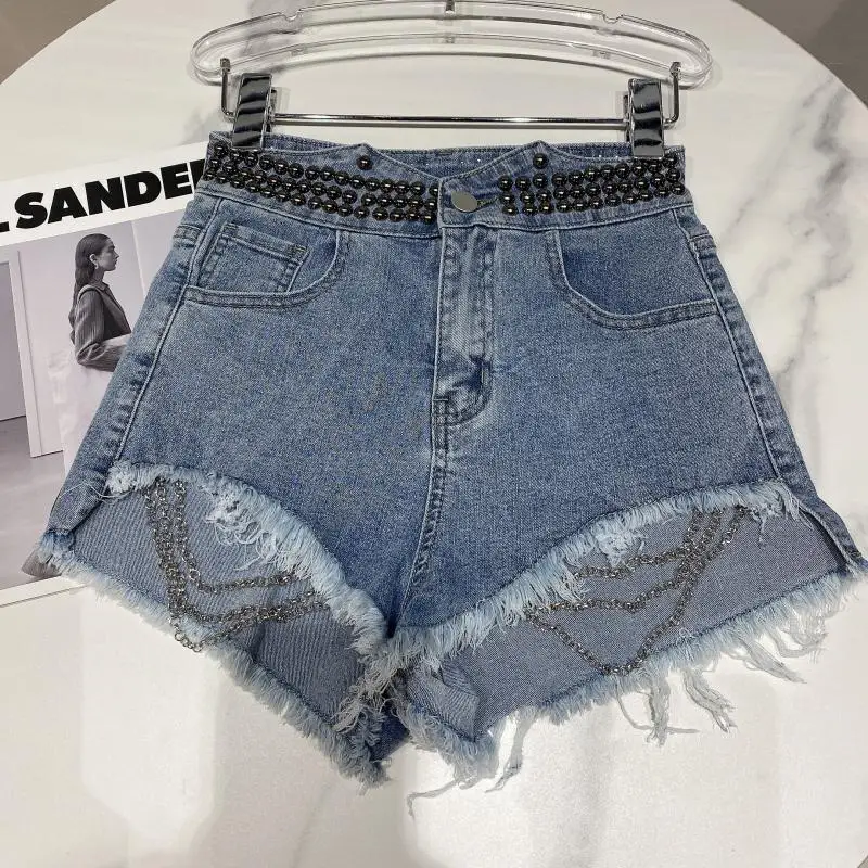 2023 New Summer High Waist Shorts Female Head Rivet Beaded Bottoms Fashion Women's Denim Shorts Loose Casual Shorts for Lady