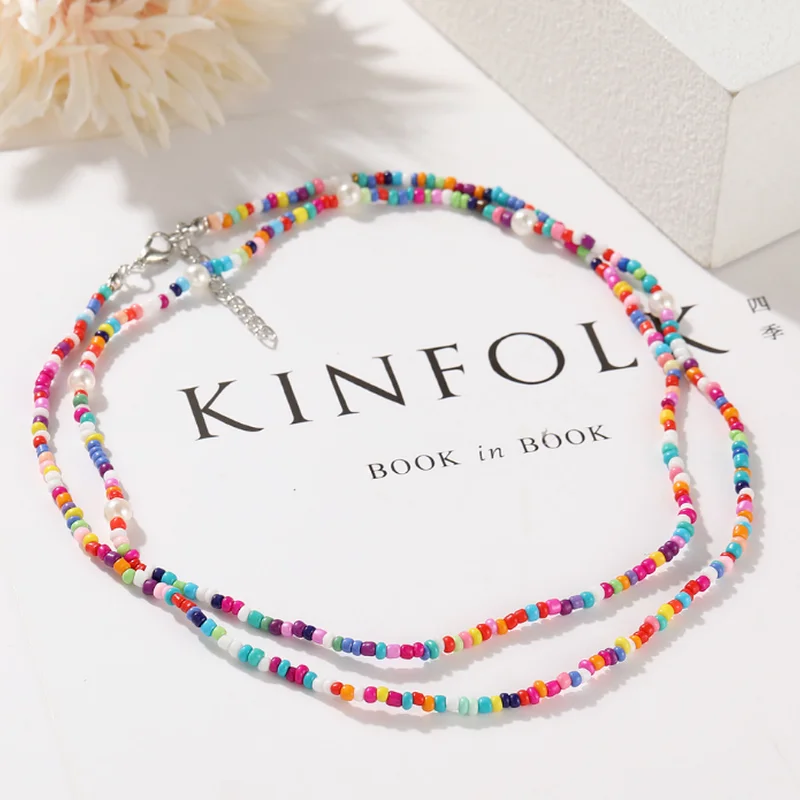 

Vintage Chokers Necklaces for Women Layered Colorful Rice Beads Necklace Jewelry Trend