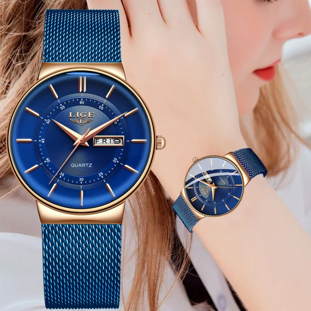 

LIGE Women's Watches Luxury Brand Ultra-thin Calendar Week Quartz Watch for Women Ladies Clocks Mesh Waterproof Reloj Mujer