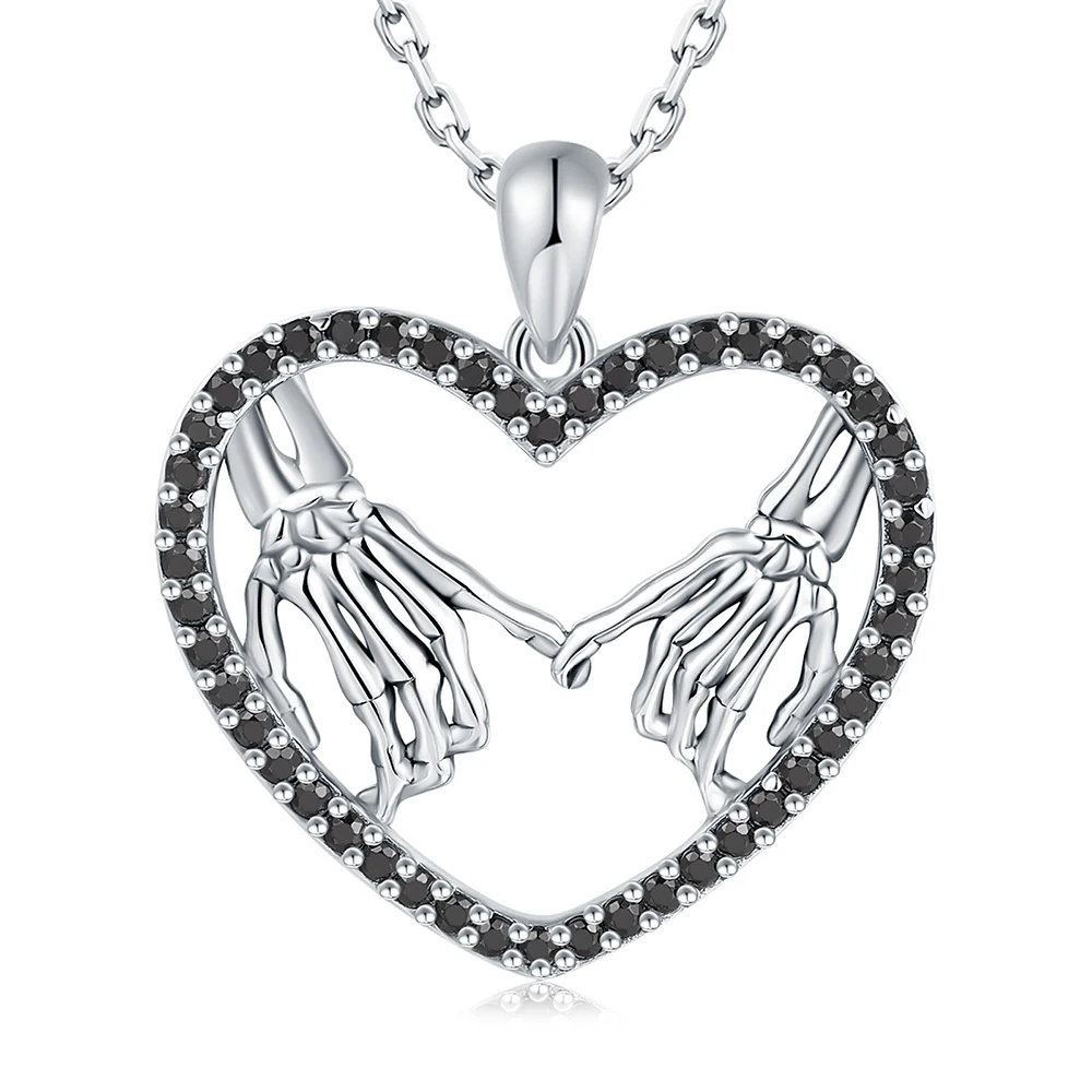 

925 Sterling Silver Gothic Skull Hand Bone Necklace Hand in Hand Pendant Skeleton Jewelry Halloween Gifts for Girls Wife Lover