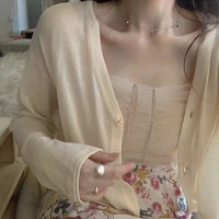 fashion knitted jacket summer girl full sleeve v neck slim short cropped cardigan new sweet cute style solid women tshirts 2021