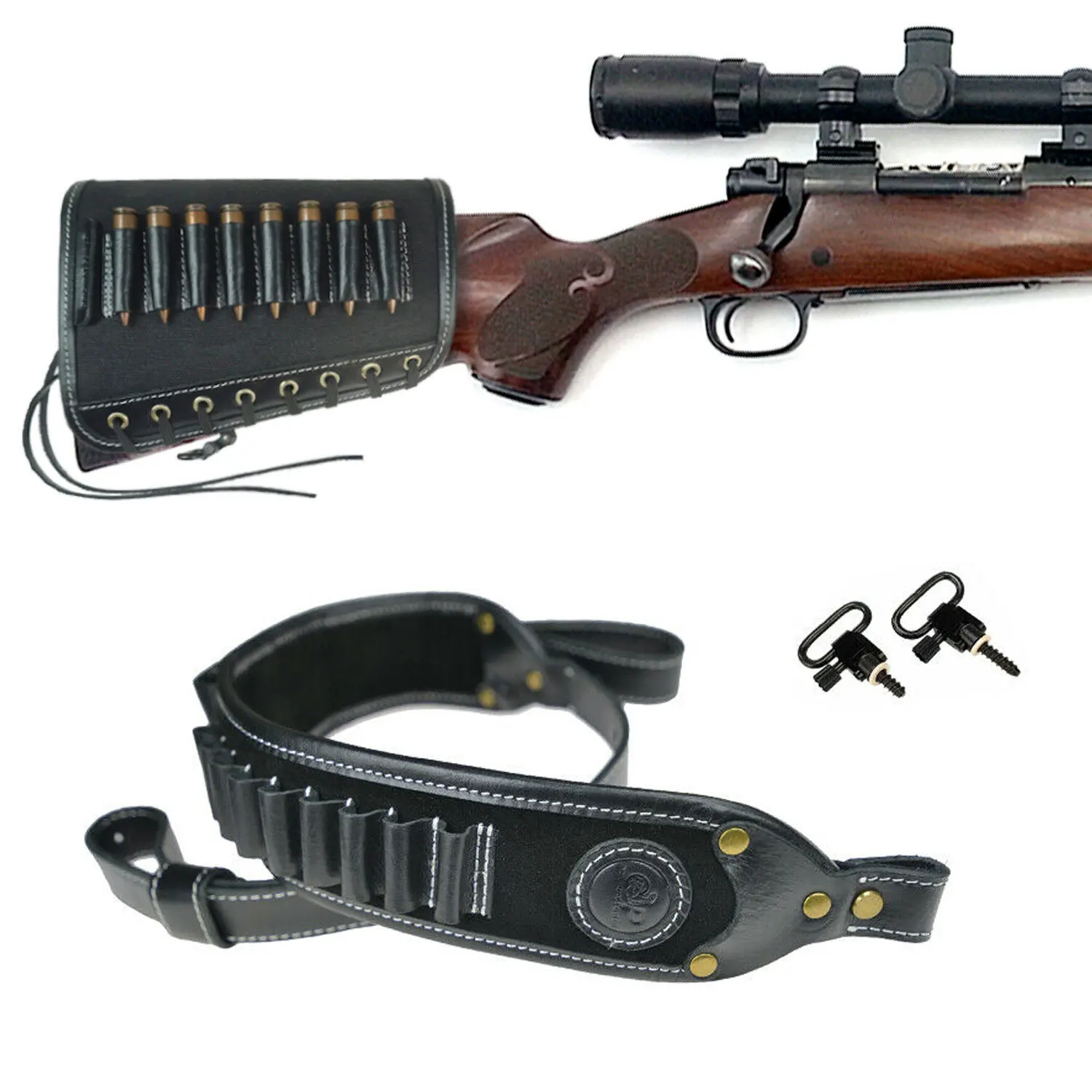 

Real Leather Rifle Buttstock Cartridge Shell Holder And Shotgun Strap Gun Sling Pad with 2 Swivels Hunting Gun Accessories