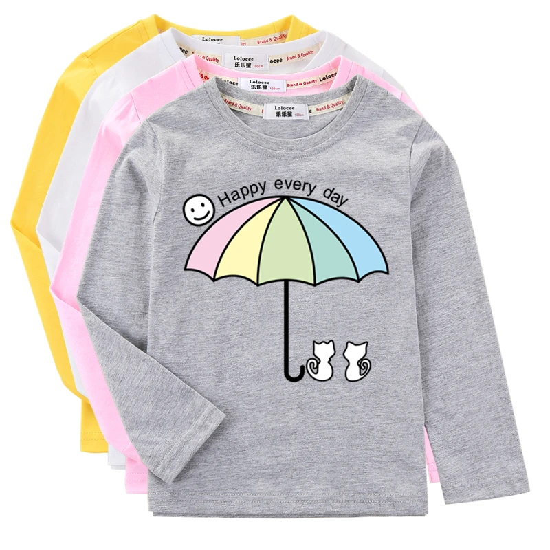Aimi Lakana Kids Printed Clothing Umbrella Cat Design T-shirt Girl Spring Autumn Tops Cotton Casual Tees