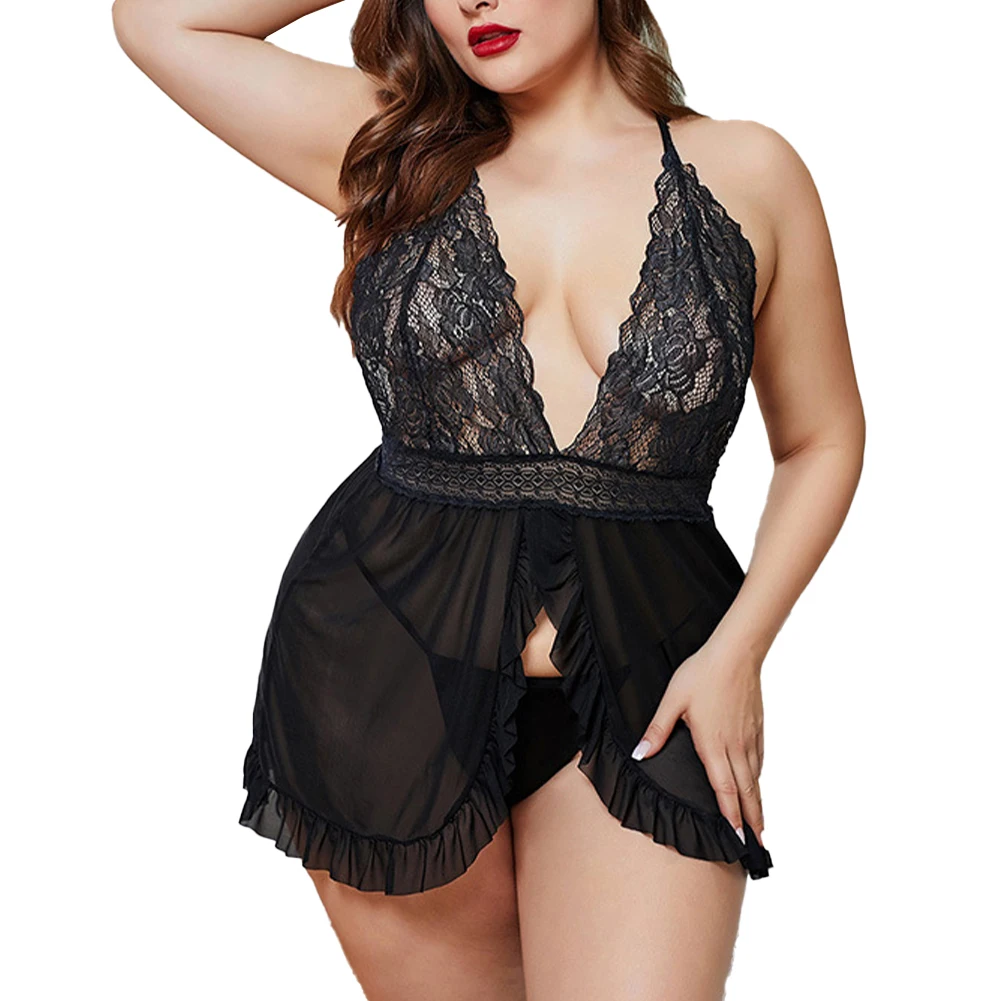 

New Style 2XL~5XL Plus Size Sexy Lingerie Women Lace Robe Dress Nightdress Nightgown Sleepwear Suitable For All Seasons