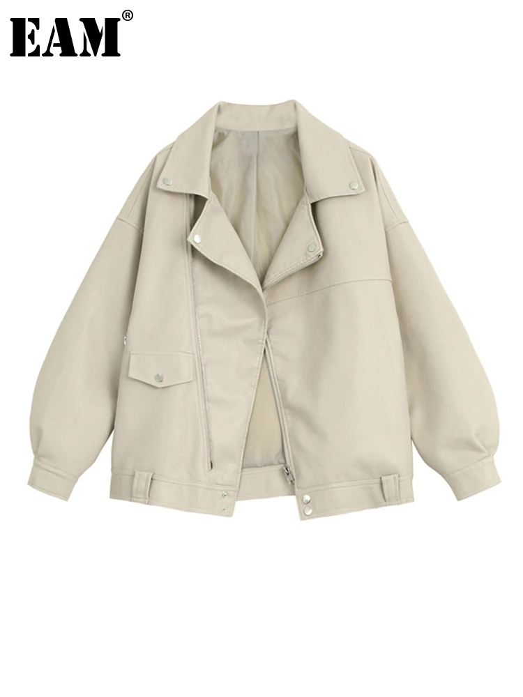 

[EAM] Loose Fit Pu Leather Khaki Big Size Short Jacket New Lapel Long Sleeve Women Coat Fashion Tide Spring Autumn 2023 1DF3933