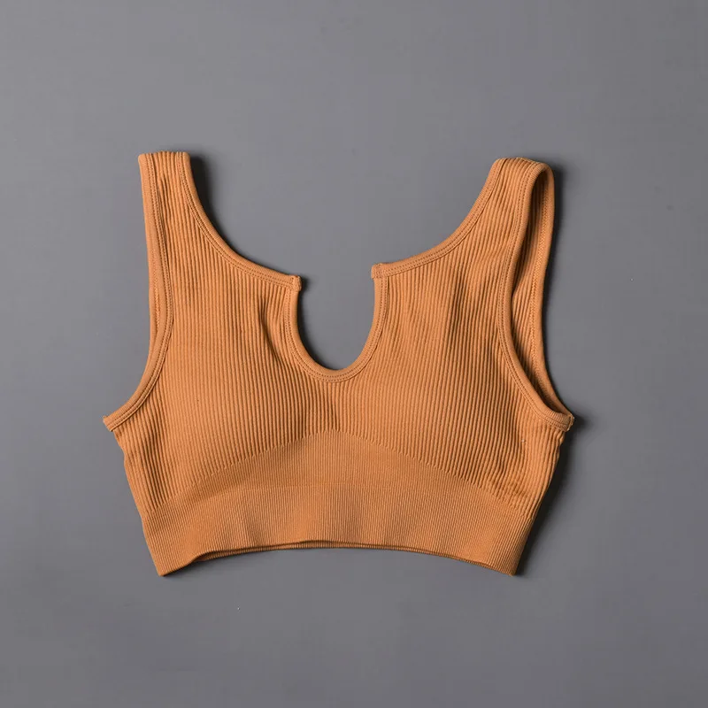 Women Yoga Bra U-neck Vest Tops Nylon Breathable Women Fitness Running Yoga Sports Bra Solid Color Ribbed Sport Wear Bras