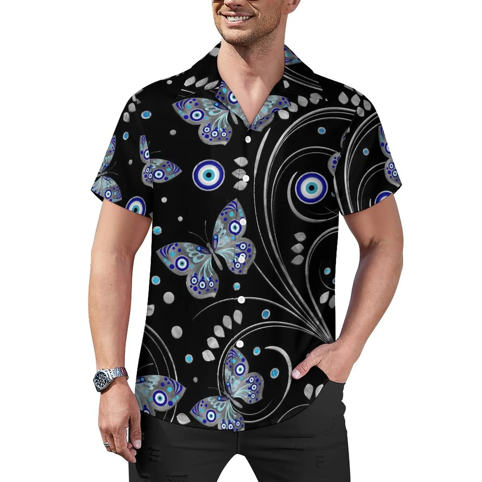 

Повседневная рубашка с принтом сглаза и бабочек, Пляжная Свободная рубашка с абстрактным Изображением Животных, блузки в стиле гавайской эстетики, Топ оверсайз с коротким рукавом и графическим принтом