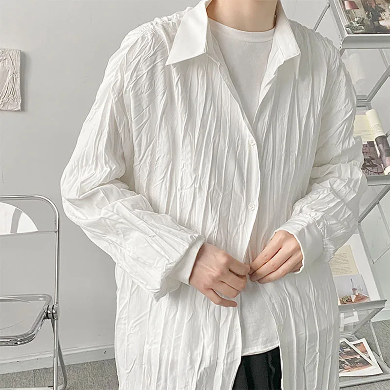 Men's Retro Harajuku Long Sleeve Lapel Robe Button Pajamas Loose Pleated Oversized Casual Homewear Solid Color Long Shirt