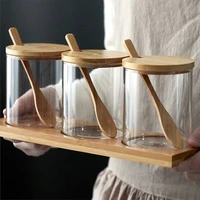 3 pcs set glass storage jar salt candy cookies tea coffee beans organizer bottle wood lid container spices food cereal
