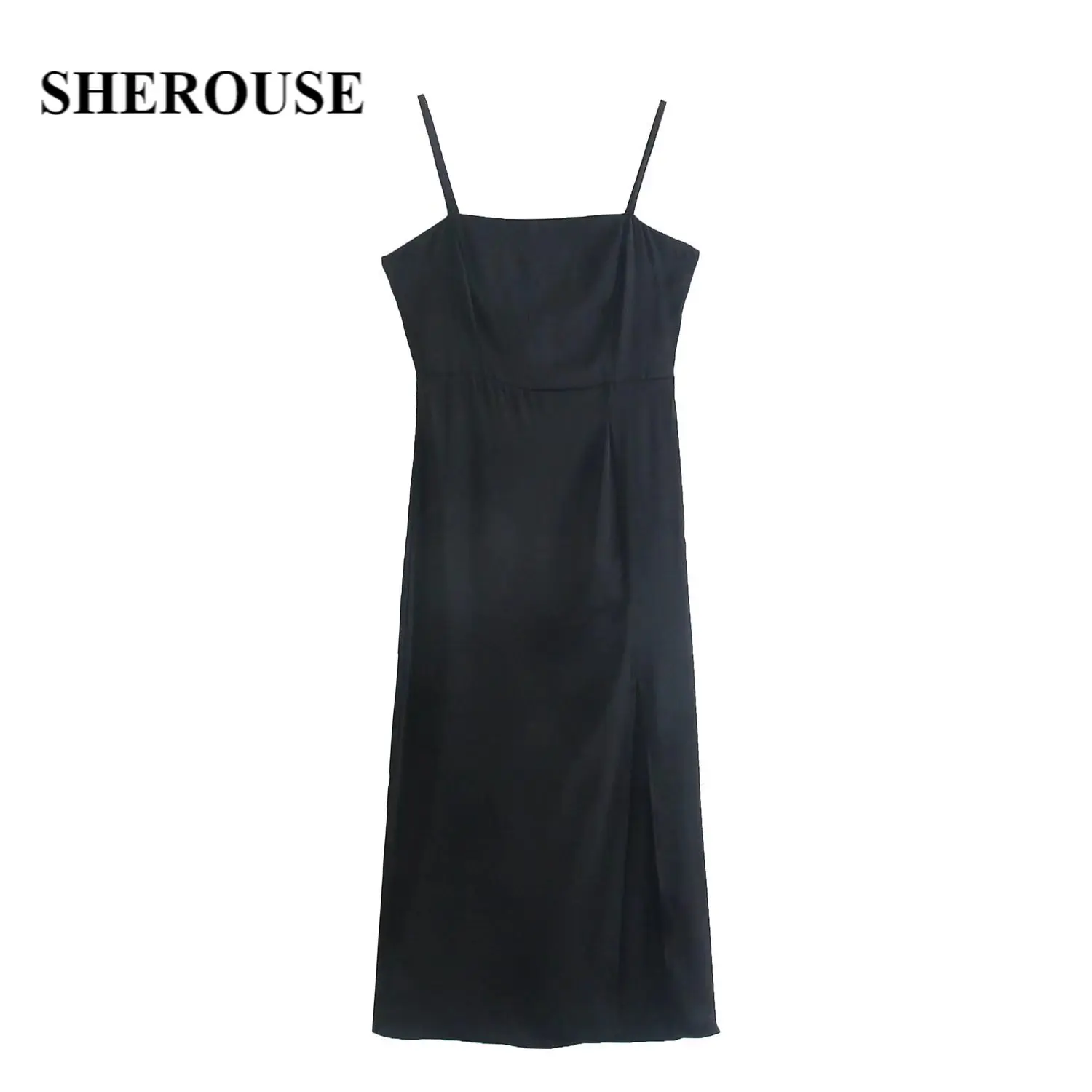 

Женское атласное платье-майка Sherouse, черное атласное платье миди с прямым вырезом на тонких бретельках и разрезом