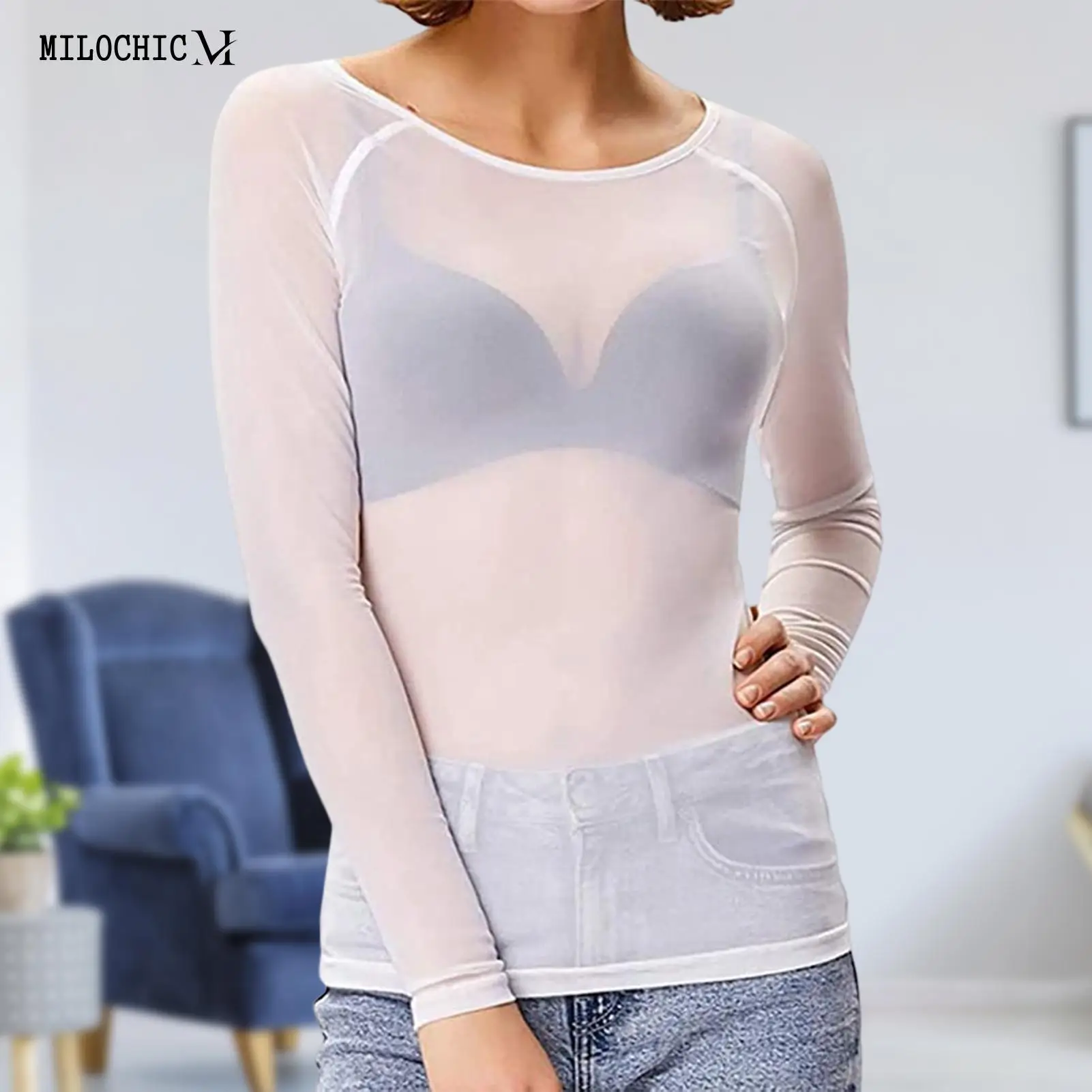 

Women Long Sleeve Top See Through Girls Summer T Shirts Solid Color Sexy Tank Tops Crew Neck Y2K Style Party Clubwear Clothing