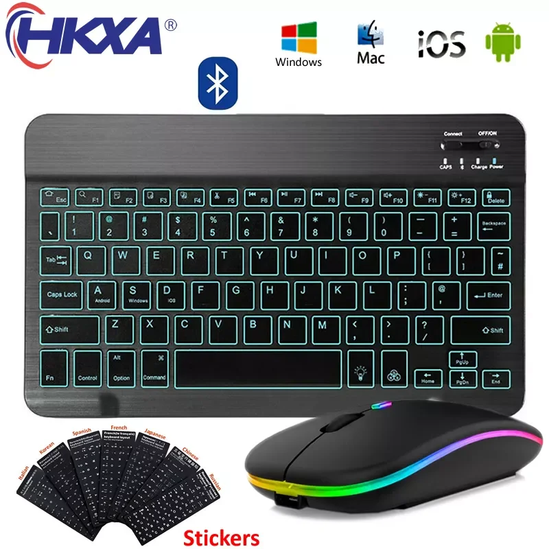 

HKXA RGB Bluetooth Keyboard And Mouse Set Russian Spainish Wireless Keyboard Mouse Combo Rechargeable RGB Mouse for ipad Laptop