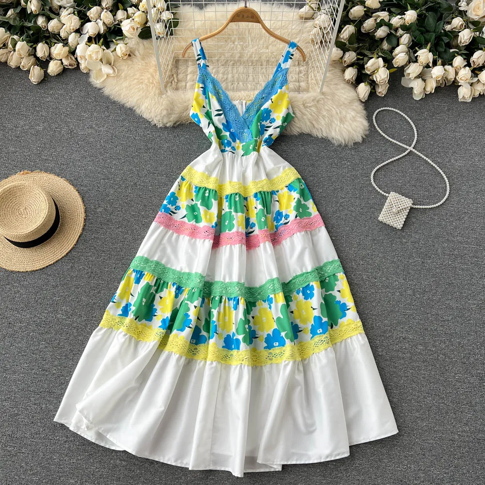 

Women Summer Ins Lace V-neck Print A-line Dress New Fashion High Waist Slim Sleeveless Elegant Clothes Korean Vestidos G429