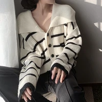 korean style college style big lapel black white striped sweater cardigan jacket women harajuku loose long sleeved knitted tops