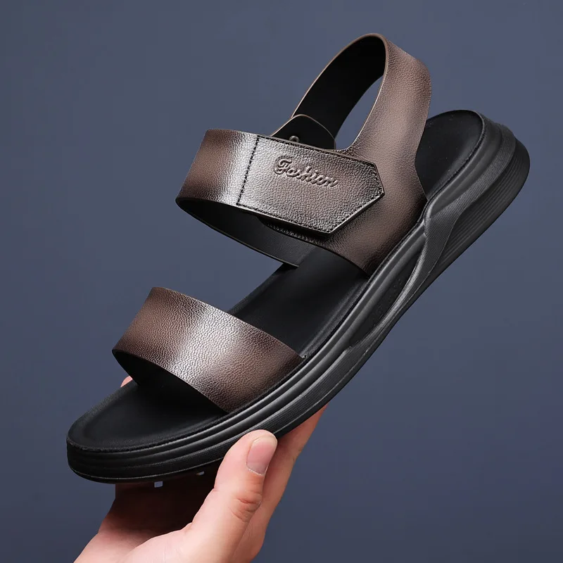 

2023 Summer Sheepskin Men's Sandals Leather Beach Slippers Shoes Breathable Outdoor Designer Simple Flats Black Brown