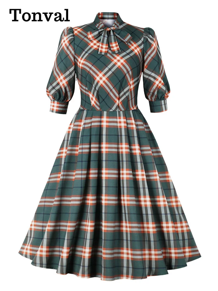 

Tonval Bow Tie Neck Lantern Sleeve 50s Robes Women Plaid Vintage Rockabilly Swing Midi Dresses Elegant Clothes