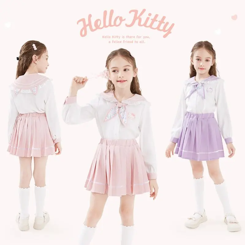 Kawaii Hello Kitty Sanrio Anime Girls Jk Suit Cartoon Thin T-Shirt Y2K Dress Preppy Pleated Skirt Girlish Princess Dress
