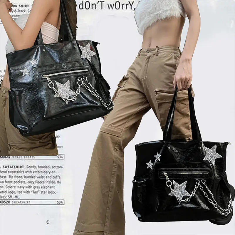 

2023 New Korean Dark Star Y2K Millennium Spicy Girl Chain Commuter High Capacity Handheld Shoulder Tote Bag Handbags For Women
