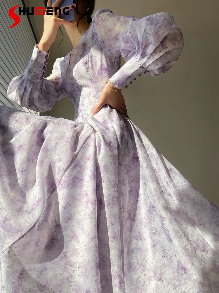 

Luxury Woman Purple Beaded Long Dress Ladies 2023 Spring New High-end Elegant Women's Deep V Neck Long Sleeve Printed Dresses