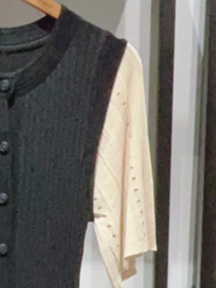 

2023 Summer New Retro Round Neck Knitted Sleeves Single Breasted Women Dress