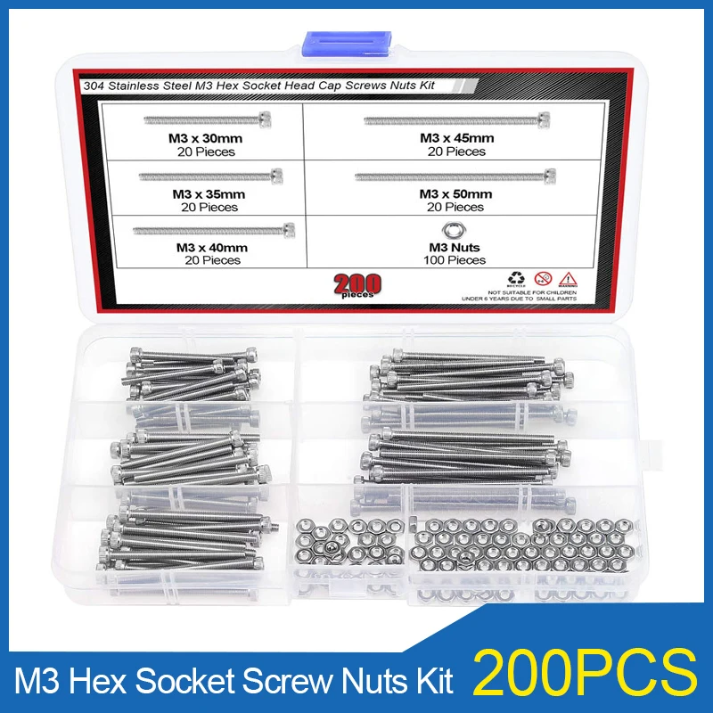 200PCS M3*30/35/40/45/50mm Hex Hexagon Socket Head Cap Screws Nuts Assortment Kit 304 Stainless Steel Allen Bolt and Nut Set
