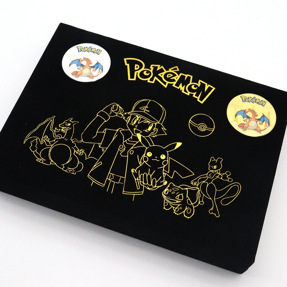 2022 New Pokemon Collectible Display Box Commemorative Coins Gold Plated Silver Card Coins Iron Anime Metal Charizard Pikachu