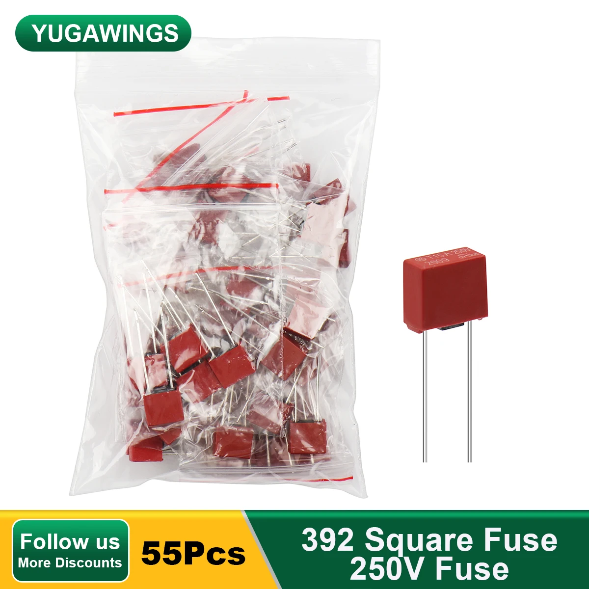 Yugawing 55Pcs/Lot 392 Square Fuse Kit 250V Fuse Set 0.5A 1A 2A 2.5A 3.15A 4A 5A 6.3A 8A 10A 15A 11Values x 5Pcs Assorstment Kit
