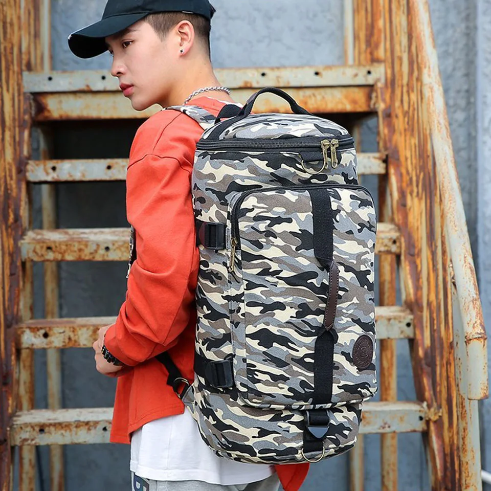 Multi Functional Barrel Backpack 50L Large Capacity Canvas Camouflage Pattern Men's And Women's Cross Body Portable Travel Bag